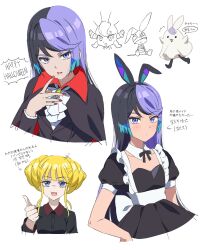 Rule 34 | 2girls, animal ear hairband, animal ears, ascot, bags under eyes, black dress, black hair, black hairband, black shirt, blonde hair, blue eyes, blue hair, blunt bangs, carron (pretty series), carron (rabbit) (pretty series), closed mouth, collared shirt, commentary request, cropped torso, detached collar, dolldolldd, double bun, dress, fake animal ears, ghost costume, hair bun, hairband, halloween costume, happy halloween, highres, kokoa remon, korean commentary, long hair, long sleeves, looking at viewer, multicolored hair, multiple girls, multiple views, open mouth, pretty series, puffy short sleeves, puffy sleeves, purple eyes, purple hair, rabbit ear hairband, rabbit ears, red nails, shirt, short sleeves, sidelocks, simple background, smile, thumbs up, translation request, upper body, vampire costume, waccha primagi!, white ascot, white background