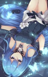 Rule 34 | 1girl, azur lane, black gloves, blue butterfly, blue hair, breasts, bug, butterfly, cleavage, dress, evening gown, from above, gloves, helena (azur lane), helena (may i have this dance?) (azur lane), highres, bug, long hair, medium breasts, miimu (nelreg3), solo, strapless, strapless dress, very long hair
