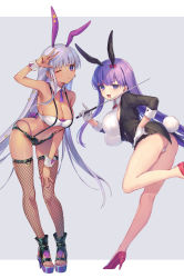 Rule 34 | 2girls, animal ears, arm up, armpits, bare legs, bb (fate), bb (fate) (all), bb (swimsuit mooncancer) (fate), bb (swimsuit mooncancer) (second ascension) (fate), black footwear, black jacket, black shorts, blush, breasts, commentary request, dark-skinned female, dark skin, earrings, fake animal ears, fake tail, fate/grand order, fate (series), fishnet legwear, fishnets, gloves, grey background, hair ornament, hand on own hip, high heels, highres, holding, holding pointer, jacket, jewelry, large breasts, leaning forward, leg up, leotard, long sleeves, looking at viewer, looking back, micro shorts, multiple girls, nail polish, navel, one eye closed, open clothes, open jacket, panties, platform footwear, pointer, purple eyes, purple hair, purple nails, purple panties, rabbit ears, rabbit tail, red footwear, shorts, simple background, standing, standing on one leg, star (symbol), star earrings, star hair ornament, strapless, suspender shorts, suspenders, tail, thong, toeless footwear, tube top, underwear, v, v-shaped eyebrows, vivi (eve no hakoniwa), white gloves, white leotard