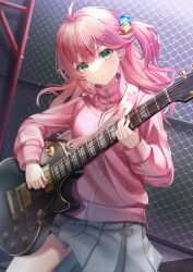 Rule 34 | 1girl, ahoge, bocchi the rock!, chain-link fence, cherry blossoms, cosplay, cube hair ornament, electric guitar, fence, gakuon (gakuto), gibson les paul, gotoh hitori (cosplay), gotoh hitori, green eyes, grey skirt, guitar, hair between eyes, hair ornament, highres, holding, hololive, instrument, jacket, long hair, long sleeves, looking at viewer, miniskirt, music, one side up, pink hair, pink jacket, playing instrument, pleated skirt, plectrum, sakura miko, skirt, solo, track jacket, v-shaped eyebrows, virtual youtuber
