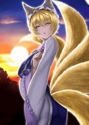 Rule 34 | 1girl, :o, animal hat, blonde hair, breast hold, breasts, cloud, dress, fox tail, hat, hat with ears, hoshara, index finger raised, long sleeves, looking at viewer, looking to the side, mob cap, multiple tails, narrowed eyes, open mouth, mob cap, revision, sky, solo, sunset, tabard, tail, touhou, upper body, yakumo ran, yellow eyes