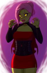 Rule 34 | 1girl, alisa (razalor), black choker, blush, choker, claw pose, colored skin, commentary, cowboy shot, dated, dress, earrings, english commentary, fingernails, glowing, glowing eyes, green skin, hands up, jewelry, looking at viewer, nail polish, open mouth, original, pink background, pink hair, razalor, red dress, red nails, red pupils, short dress, shrug (clothing), signature, solo, taut clothes, taut dress, underbust, vampire, yellow eyes