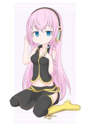 Rule 34 | 1girl, absurdres, belt, black shirt, black skirt, black thighhighs, blue eyes, boots, commentary, crop top, frown, furrowed brow, gold footwear, gold trim, hand in own hair, hand on own chest, hatsune negame, headphones, highres, knee boots, megurine luka, pink hair, shirt, side slit, sitting, skirt, solo, thighhighs, vocaloid, wariza