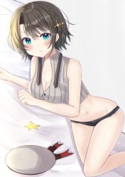 Rule 34 | 1girl, :t, bad id, bad pixiv id, bare arms, black panties, blouse, blue eyes, blush, breasts, brown hair, cleavage, dutch angle, feet out of frame, grey shirt, groin, hair ornament, hat, highres, hololive, impossible clothes, impossible shirt, lace, lace-trimmed panties, lace trim, lowleg, lowleg panties, lying, medium breasts, navel, nibosi, no pants, on bed, on side, oozora subaru, oozora subaru (work), panties, parted bangs, ribbed shirt, shirt, short hair, sleeveless, sleeveless shirt, solo, star (symbol), star hair ornament, striped clothes, striped shirt, underwear, untied, unworn hat, unworn headwear, vertical-striped clothes, vertical-striped shirt, virtual youtuber