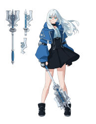 1girl bare_legs black_choker black_dress black_footwear black_gloves blue_eyes blue_hair blue_jacket character_request choker closed_mouth commentary concept_art dongho_kang dress english_commentary flanged_mace floating_hair full_body gloves halcyon_zero highres holding holding_mace holding_weapon jacket long_hair long_sleeves looking_at_viewer mace official_art puffy_long_sleeves puffy_sleeves short_dress simple_background smile solo standing weapon white_background