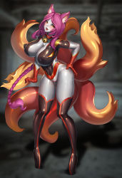 Rule 34 | 1girl, absurdres, ahri (league of legends), animal ears, bell, bodysuit, breasts, chinese commentary, commentary request, commission, corruption, covered erect nipples, facial mark, fox ears, fox girl, fox tail, hand on own hip, highres, large breasts, latex, latex bodysuit, league of legends, lips, looking at viewer, neck bell, niur, pink hair, second-party source, slit pupils, solo, tail