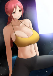 Rule 34 | 1girl, absurdres, amemuchizakuro, arms at sides, bare shoulders, black pants, bra, braid, braided ponytail, breasts, cleavage, frown, highres, large breasts, looking ahead, one piece, orange eyes, pants, rebecca (one piece), red hair, sidelocks, sitting, sports bra, steam, stomach, sweat, sweaty clothes, training, training bra, underwear, window