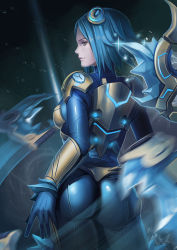 Rule 34 | 1girl, alternate costume, alternate eye color, alternate hair color, alternate hair length, alternate hairstyle, armor, ass, blue hair, blurry, bodysuit, brown eyes, closed mouth, cowboy shot, crystal, dantewontdie, depth of field, faulds, floating, floating object, from behind, frostblade irelia, glint, glowing, half-closed eyes, headgear, highres, ice, irelia, league of legends, light smile, machinery, motion blur, neon trim, pauldrons, profile, realistic, short hair, shoulder armor, shoulder pads, solo, sparkle, standing