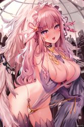 Rule 34 | 1girl, arm between breasts, between breasts, blush, breasts, chain, cowboy shot, elbow gloves, facial tattoo, gloves, hairband, harpy, highres, large breasts, leaning forward, long hair, looking at viewer, monster girl, open mouth, original, panties, pink hair, pink theme, purple eyes, purple gloves, revealing clothes, side-tie panties, solo, tattoo, thighhighs, underwear, untied panties, wavy hair, wings, zerocat