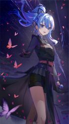 Rule 34 | 1girl, :d, absurdres, belt, black belt, black gloves, black ribbon, black shirt, black shorts, blue eyes, blue hair, bug, butterfly, ear piercing, falling petals, floating hair, gloves, hair ribbon, high ponytail, highres, holding, holding microphone, hololive, hoshimachi suisei, hoshimachi suisei (shout in crisis), insect, long hair, long sleeves, looking at viewer, microphone, mumi (mumi mar), official alternate costume, official alternate hairstyle, open mouth, petals, piercing, purple butterfly, red butterfly, ribbon, shirt, short shorts, shorts, single glove, smile, solo, star (sky), star (symbol), star in eye, starry background, symbol in eye, thighs, virtual youtuber, wing hair ornament