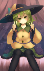 Rule 34 | 1girl, bed, bed sheet, black hat, black pantyhose, blush, bow, buttons, cameltoe, closed eyes, closed mouth, collar, collarbone, colored eyelashes, curtains, double v, floral print, frilled collar, frilled sleeves, frills, gengetsu chihiro, green eyes, green hair, green skirt, hat, hat bow, head tilt, heart, highres, jacket, komeiji koishi, long sleeves, matching hair/eyes, no panties, on bed, orange bow, pantyhose, skirt, smile, solo, third eye, touhou, tsurime, upskirt, v, yellow jacket