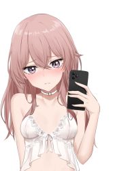 Rule 34 | 1girl, babydoll, bare arms, bare shoulders, blush, breasts, cellphone, choker, closed mouth, embarrassed, feint721, female focus, frown, highres, holding, inui sajuna, iphone, iphone 11 pro, long hair, looking at viewer, medium breasts, nipples, nose blush, phone, pink hair, purple eyes, see-through, selfie, smartphone, solo, sono bisque doll wa koi wo suru, thigh strap, thighs, underwear, underwear only, upper body, white choker