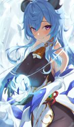 Rule 34 | 1girl, absurdres, ahoge, bare shoulders, bell, black gloves, black pantyhose, blue hair, blush, breasts, chinese knot, commentary, detached sleeves, flower knot, ganyu (genshin impact), genshin impact, gloves, gold trim, highres, horns, large breasts, long hair, looking at viewer, magic, nayuyu1105, neck bell, orb, pantyhose, purple eyes, sidelocks, smile, solo, vision (genshin impact), white sleeves, wind