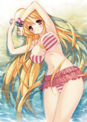 Rule 34 | 1girl, :o, armpits, bikini, blonde hair, blush, bracelet, breasts, cleavage, covered erect nipples, highres, jewelry, large breasts, long hair, munyuu, navel, red eyes, solo, striped bikini, striped clothes, submerged, swimsuit, underboob, very long hair, wading, water