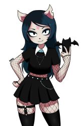 Rule 34 | 1girl, animal ears, artist name, black eyes, black footwear, black hair, black nails, black shirt, black skirt, boots, cellphone, claire d&#039;lune, closed mouth, dako (dakosito), eyeliner, fangs, fishnet gloves, fishnet thighhighs, fishnets, gloves, goth fashion, gothic, hand on own hip, highres, holding, holding phone, jacket, long hair, looking at viewer, makeup, nail polish, pentagram, phone, pointy ears, polo shirt, shirt, short sleeves, simple background, skirt, smile, solo, the summoning, thigh boots, thighhighs, toon (style), white background, white shirt