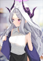 Rule 34 | 1girl, ahoge, blue archive, blurry, commentary request, demon girl, demon horns, depth of field, facing away, halo, highres, hina (blue archive), holding, holding clothes, horns, long hair, looking away, misononasubi, parted bangs, pencil skirt, ponytail, purple eyes, side slit, sidelocks, skirt, sleeveless, solo, undressing, white hair