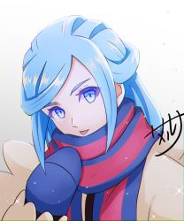 Rule 34 | 1boy, blue eyes, blue hair, blue mittens, commentary request, creatures (company), game freak, grusha (pokemon), hand up, highres, jacket, long hair, long sleeves, looking at viewer, male focus, mittens, nintendo, pokemon, pokemon sv, scarf, skarameru, solo, sparkle, striped clothes, striped scarf, tongue, tongue out, yellow jacket