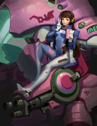 Rule 34 | 1girl, absurdres, bodysuit, breasts, brown eyes, brown hair, d.va (overwatch), facial mark, gloves, headgear, highres, holding, jacket, jacket on shoulders, long hair, mecha, overwatch, overwatch 1, phone, ping (caoyanping198793), red lips, robot, sitting, smile, solo, taking picture, tight clothes, v, white gloves