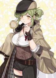 Rule 34 | absurdres, asymmetrical pants, belt, black pants, blush, breasts, brown corset, cabbie hat, cleavage, coat, commentary, corset, cowboy shot, double bun, girls&#039; frontline, green hair, hair bun, hair ornament, hairclip, hat, headphones, headphones around neck, highres, holding, holding magnifying glass, kanmiya shinobu, large breasts, magal (girls&#039; frontline), magal (miss magal) (girls&#039; frontline), magnifying glass, official alternate costume, pants, parted lips, red ribbon, ribbon, shirt, thinking, trench coat, very long sleeves, white shirt, yellow eyes