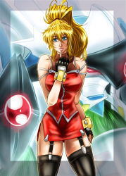 Rule 34 | 1girl, behind another, black thighhighs, blonde hair, blue eyes, breasts, cleavage, collarbone, excellen browning, finger to mouth, floating hair, jacket, large breasts, lipstick, long hair, looking at viewer, makeup, mecha, parted lips, penzoom, ponytail, red skirt, red vest, rein weissritter, robot, skirt, smile, standing, super robot wars, super robot wars original generation, thighhighs, vest