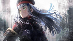 Rule 34 | 1girl, assault rifle, bad id, bad pixiv id, beret, blue hair, blunt bangs, building, city, day, facial mark, german flag, girls&#039; frontline, green eyes, gun, h&amp;k hk416, hair blowing, hat, hk416 (girls&#039; frontline), holding, holding gun, holding weapon, long hair, looking away, military, military uniform, outdoors, parted lips, redlammy, rifle, skyscraper, solo, teeth, uniform, upper body, upper teeth only, very long hair, weapon