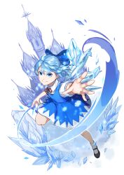 Rule 34 | 1girl, absurdres, black footwear, blue bow, blue dress, blue eyes, blue hair, bow, castle, cirno, cirno day, closed mouth, collared shirt, commentary request, dress, flat chest, full body, hair bow, highres, ice, ice wings, leg up, looking at viewer, mary janes, medium bangs, neck ribbon, pinafore dress, rapo 01, reaching, reaching towards viewer, red ribbon, ribbon, shirt, shoes, short hair, sleeveless, sleeveless dress, smile, snowflakes, socks, solo, touhou, v-shaped eyebrows, white background, white shirt, white socks, wings