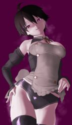 Rule 34 | 1girl, 2equal8, :q, adjusting clothes, ahoge, apron, apron lift, armpits, bare shoulders, black buruma, black hair, black shirt, black sleeves, black thighhighs, blush, breasts, breath, brown eyes, brown ribbon, buruma, cleavage cutout, closed mouth, clothes lift, clothing cutout, commentary, covered erect nipples, cowboy shot, detached sleeves, dream c club, dream c club (series), frilled apron, frills, glowing, glowing eyes, groin, hair between eyes, hand on own hip, head tilt, highres, licking lips, lifting own clothes, looking at viewer, medium breasts, midriff peek, nao (dream c club), narrowed eyes, naughty face, neck ribbon, nose blush, pink pupils, purple background, raised eyebrows, ribbon, shiny clothes, shirt, short hair, simple background, skindentation, sleeveless, sleeveless shirt, smile, solo, steam, steaming body, thighhighs, tomboy, tongue, tongue out, two-tone shirt, very short hair, white apron, white shirt