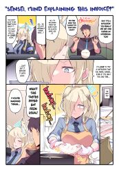 Rule 34 | 1boy, 1girl, absurdres, animal ears, apron, black necktie, blonde hair, blue archive, blue eyes, blush, chopsticks, closed eyes, closed mouth, comic, commentary request, faceless, faceless male, food, gloves, hair over one eye, halo, highres, himiya jouzu, kanna (blue archive), long hair, necktie, orange apron, sensei (blue archive), speech bubble, translated, white gloves