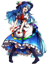 Rule 34 | 1girl, alternate eye color, baba (baba seimaijo), blue eyes, blue hair, boots, bow, cross-laced footwear, food, fruit, full body, hat, highres, hinanawi tenshi, long hair, matching hair/eyes, neck ribbon, open mouth, peach, puffy short sleeves, puffy sleeves, ribbon, shirt, short sleeves, skirt, smile, solo, touhou, transparent background, very long hair