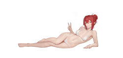 Rule 34 | 1girl, absurdres, alternate costume, alternate hair color, arm support, armpits, bare legs, barefoot, bikini, black scarf, breasts, cleavage, closed mouth, commentary, commission, english commentary, fire emblem, fire emblem fates, full body, grey eyes, hair between eyes, hair bun, hair intakes, highres, jonbur man, kana (female) (fire emblem), kana (fire emblem), looking at viewer, lying, medium breasts, mole, mole on breast, navel, nintendo, no shoes, on side, pixiv commission, red hair, scarf, short hair, simple background, smile, solo, stomach, string bikini, swimsuit, v, white background, white bikini