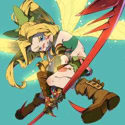 Rule 34 | 1girl, akeru, armlet, bell, belt, belt boots, blonde hair, blue eyes, boots, bow, breasts, brown footwear, claws, clenched teeth, commentary request, digimon, digimon (creature), facial mark, fairy wings, fangs, full body, glowing, glowing wings, green background, green shirt, green shorts, grin, groin, hair bow, hair intakes, heart, heart tattoo, highres, holding, holding spear, holding weapon, leg tattoo, light particles, long hair, looking at viewer, midriff, multiple wings, navel, polearm, ponytail, shirt, short shorts, shorts, simple background, sleeveless, small breasts, smile, solo, spear, tattoo, teeth, tinkermon, weapon, wings