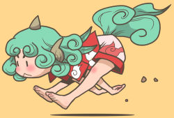 Rule 34 | 1girl, :&lt;, all fours, animal ears, bare arms, bare legs, barefoot, brown background, chibi, closed mouth, cloud print, commentary request, curly hair, from side, full body, green hair, horns, kariyushi shirt, komano aunn, long hair, no nose, onikobe rin, print shirt, print shorts, red shirt, running, shirt, short sleeves, shorts, simple background, single horn, soles, solo, tail, toes, touhou