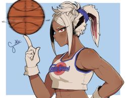Rule 34 | 1girl, abs, animal ears, artist name, ball, basketball, basketball (object), boku no hero academia, border, breasts, closed mouth, collarbone, commentary, cosplay, crossover, dark-skinned female, dark skin, english commentary, from side, gloves, gud0c, highres, index finger raised, lola bunny (cosplay), looney tunes, medium breasts, mirko, rabbit ears, rabbit girl, red eyes, sidelocks, solo, space jam, tank top, tied ears, trait connection, upper body, warner bros, white border, white gloves, white hair