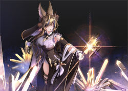Rule 34 | 1girl, absurdres, animal ears, breasts, cowboy shot, crystal, detached sleeves, galleon (granblue fantasy), gloves, granblue fantasy, highres, horns, large breasts, pointy ears, skindentation, solo, staff, terry199813740, thigh strap, veil, white gloves