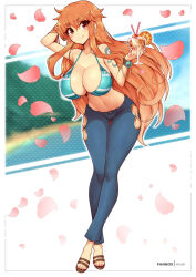 Rule 34 | 1girl, bikini, bikini top only, blush, breasts, brown eyes, cleavage, closed mouth, crossed ankles, crossed legs, cup, denim, dithering, food, fruit, full body, holding, holding cup, jeans, large breasts, long hair, nami (one piece), navel, one piece, orange (fruit), orange hair, orange slice, pants, petals, pink nails, smile, solo, swimsuit, tattoo, toenails, very long hair, virus-g, watson cross