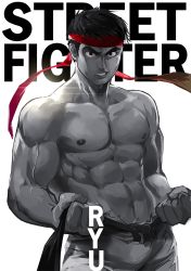 Rule 34 | 1boy, 8 (yamalu), black hair, highres, male focus, monochrome, muscular, ryu (street fighter), solo, spot color, street fighter, white background