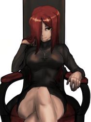 Rule 34 | 1girl, breasts, cross, cross necklace, goat (121516haihun), hair over one eye, highres, inverted cross, jewelry, large breasts, crossed legs, long hair, miniskirt, necklace, parasoul (skullgirls), red hair, sitting, skirt, skullgirls, smile, solo, sweater, throne, yellow eyes