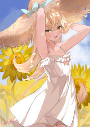 Rule 34 | 1girl, :d, absurdres, animal ears, armpits, arms up, blonde hair, blue bow, blue sky, blush, bow, collarbone, cowboy shot, day, dress, flat chest, flower, frilled dress, frills, hands in hair, hat, hat bow, highres, indie virtual youtuber, lion ears, lion girl, lion tail, long hair, looking at viewer, open mouth, outdoors, reitou mkn, rurudo lion, rurudo lion (1st costume), signature, sky, sleeveless, sleeveless dress, smile, solo, straw hat, sundress, sunflower, tail, virtual youtuber, yellow eyes, yellow flower, yellow hat