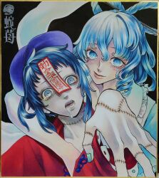 Rule 34 | 2girls, black background, blue eyes, blue hair, blue nails, cabbie hat, commentary request, drill hair, drill sidelocks, drooling, hagoromo, hair ornament, hair rings, hair stick, hand under clothes, hand under shirt, hat, highres, jiangshi, kaku seiga, lips, looking at viewer, miyako yoshika, multiple girls, ofuda, open mouth, outstretched arms, pale skin, patchwork skin, purple headwear, red shirt, shaded face, shawl, shirt, short hair, short sleeves, sidelocks, smile, stitches, tearing up, teeth, tongue, touhou, traditional media, upper body, whoru, zombie pose