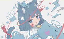 Rule 34 | 1girl, @ @, absurdres, animal ear fluff, animal ears, bandaid, bandaid on face, blue eyes, blue hair, cat ears, cat girl, cat tail, electric plug, fang, highres, open mouth, oreoreoreo, original, skin fang, smile, tail, upper body, white background