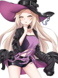 Rule 34 | 1girl, :3, :d, absurdres, belt, black skirt, blonde hair, breasts, chain, collarbone, counter:side, cowboy shot, forehead, hand up, hat, highres, jacket, korean commentary, large hat, laura beatrix, legs apart, light blush, long hair, long sleeves, miniskirt, open mouth, parted bangs, royalmonkey, shaded face, shirt, simple background, skirt, sleeves past wrists, slit pupils, smile, solo, striped clothes, striped jacket, thighs, torn clothes, torn shirt, vertical-striped clothes, vertical-striped jacket, white background, wide sleeves, witch hat, yellow background
