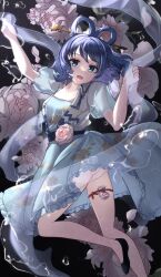 Rule 34 | 1girl, absurdres, ass, black background, black footwear, blue dress, blue eyes, blue hair, bottomless, chisel, commentary request, dress, flower, hair ornament, hair rings, hair stick, highres, kaku seiga, looking at viewer, ofuda, open mouth, pink flower, shawl, short hair, short sleeves, solo, thigh strap, touhou, vest, wheat retzel, white vest