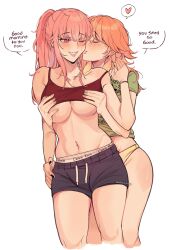 Rule 34 | 2girls, absurdres, amlichan, black shorts, blush, body freckles, bra, breasts, cleavage, collarbone, commentary, couple, english commentary, english text, freckles, grabbing, grabbing from behind, green shirt, groping, heart, highres, hololive, hololive english, large breasts, long hair, mori calliope, multiple girls, navel, navel piercing, one eye closed, open mouth, orange hair, panties, piercing, pink eyes, pink hair, ponytail, red bra, shirt, short sleeves, shorts, sidelocks, simple background, spoken heart, stomach, strap slip, takanashi kiara, underwear, virtual youtuber, white background, yellow panties, yuri