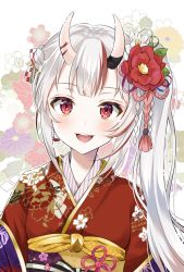 Rule 34 | 1girl, :d, braid, commentary, fang, floral background, flower, hair flower, hair ornament, hololive, horns, japanese clothes, kimono, long hair, looking at viewer, multicolored hair, myusha, nakiri ayame, nakiri ayame (new year), obi, oni, open mouth, print kimono, red eyes, red flower, red hair, red kimono, sash, side ponytail, sidelocks, silver hair, skin-covered horns, smile, solo, streaked hair, teeth, upper body, upper teeth only, virtual youtuber, white background, white flower