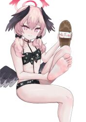 Rule 34 | 1girl, barefoot, bikini, black wings, blue archive, bow, embarrassed, feet, foot focus, foot up, hair bow, halo, head wings, koharu (blue archive), koharu (swimsuit) (blue archive), kukoi, light blush, long hair, looking at viewer, low wings, pink eyes, pink hair, presenting foot, sandals, soles, swimsuit, toes, twintails, unworn sandals, wavy mouth, wings