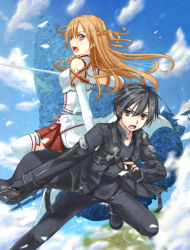 Rule 34 | 10s, 1boy, 1girl, armor, asuna (sao), back-to-back, bare shoulders, black eyes, black hair, boots, braid, brown eyes, brown hair, cloud, day, kirito, komore, open mouth, pleated skirt, skirt, sword, sword art online, thigh boots, thighhighs, weapon, white armor