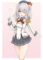 Rule 34 | 1girl, ;d, beret, black hat, blue eyes, breasts, cowboy shot, epaulettes, gloves, grey skirt, hat, heart, highres, index finger raised, jacket, kantai collection, kashima (kancolle), kodama (user rnfr3534), large breasts, long sleeves, looking at viewer, military jacket, neckerchief, one eye closed, open mouth, pleated skirt, red neckerchief, silver hair, simple background, skirt, smile, solo, twintails, wavy hair, white background, white gloves, white jacket