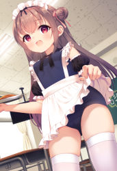 Rule 34 | 1girl, :d, apron, apron lift, black sleeves, blue one-piece swimsuit, blush, brown hair, chitosezaka suzu, clothes lift, commentary request, curtains, day, desk, detached sleeves, frilled apron, frills, hair bun, holding, holding tray, indoors, lifted by self, long hair, maid headdress, old school swimsuit, one-piece swimsuit, open mouth, original, puffy short sleeves, puffy sleeves, red eyes, school desk, school swimsuit, short sleeves, side bun, single hair bun, single side bun, skindentation, smile, solo, swimsuit, thighhighs, tray, very long hair, white apron, white thighhighs, window