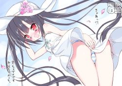 Rule 34 | 1girl, ass, black hair, blush, cherry blossoms, covering ass, covering privates, dengeki moeou, dokidoki sister aoi-chan, dress, dress tug, flower, from behind, hand on headwear, hat, hat flower, kohinata aoi (dokidoki sister aoi-chan), leaning forward, legs, long hair, looking back, open mouth, panties, petals, red eyes, short dress, sleeveless, sleeveless dress, solo, striped clothes, striped panties, sun hat, sundress, surprised, takahashi tetsuya, thighs, translation request, twintails, underwear, very long hair, watermark, white dress, wind, wind lift
