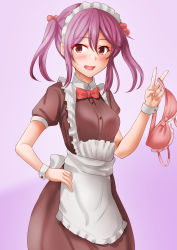 Rule 34 | 1girl, alternate costume, anti (untea9), apron, bra, breasts, brown dress, dress, enmaided, gradient background, hair between eyes, hair bobbles, hair ornament, hand on own hip, highres, kantai collection, looking at viewer, maid, pink background, pink eyes, pink hair, puffy short sleeves, puffy sleeves, sazanami (kancolle), short hair, short sleeves, small breasts, solo, twintails, underwear, v